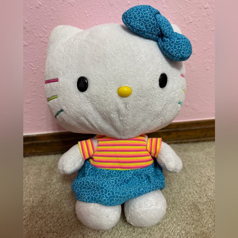 Neon Hello Kitty Plush Blue Bow Sanrio Stuffed Animal Cute 11” 2018